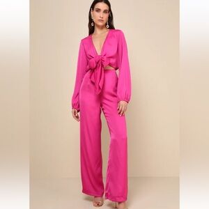 Lulu's NWT Trendsetting Direction Magenta Satin Tie Front Wide Leg Jumpsuit